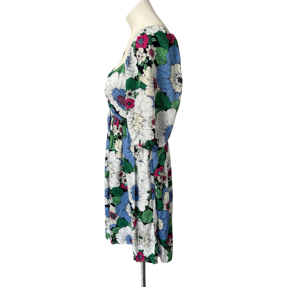 Gap Floral Smocked Back Puff Sleeve Mini Dress Blue Pink Pockets Cotton Womens M - Picture 3 of 9